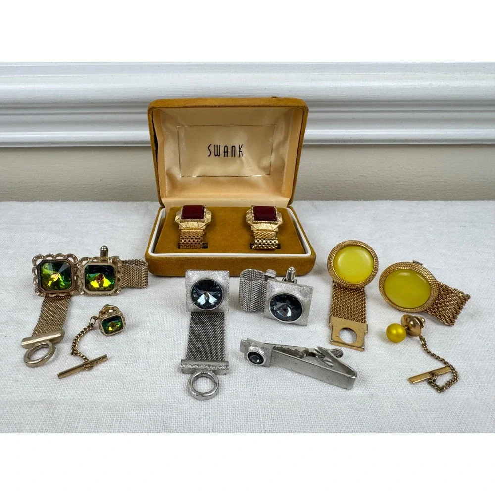 Vintage MCM Mens Cufflink Mesh Wrap Lot 6 w Tie Pins